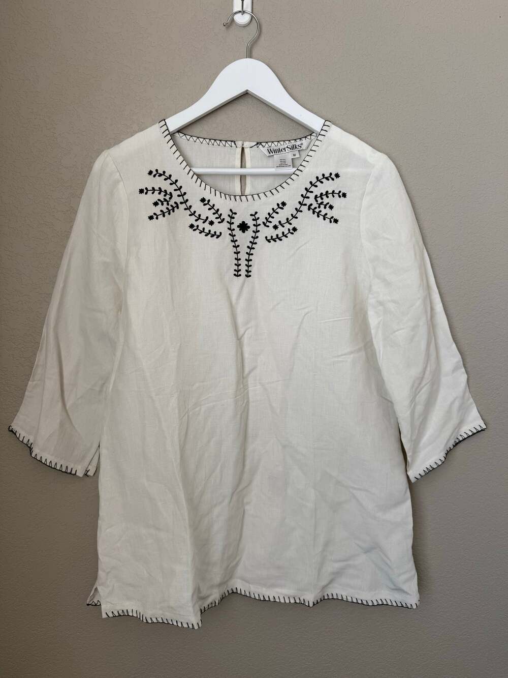 WinterSilks Silk Linen Embroidered Tunic Top Shirt Ivory Boho Medium Luxury